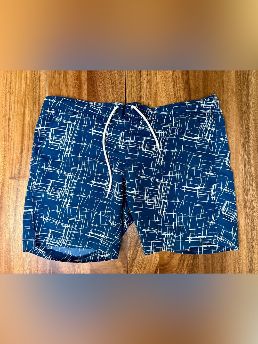 Uniqlo Navy Blue Swim Shorts with White Abstract Grid - 8” Inseam